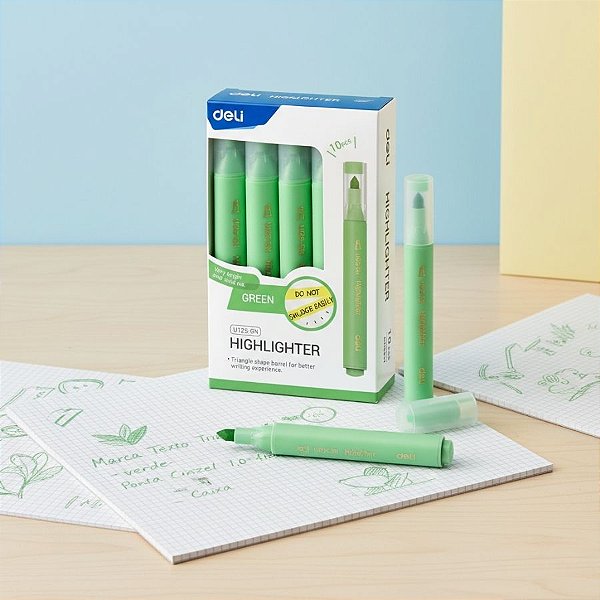 Marca Texto Triangular - Verde - Ponta Cinzel 1,0-4,0mm - Caixa - 10 unidades - Deli - Rizzo