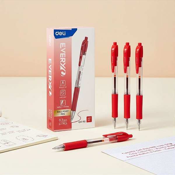 Caneta Esferográfica Retratil - Ponta Bullet 0,7mm Vermelho - Caixa - 12 unidades - Deli - Rizzo