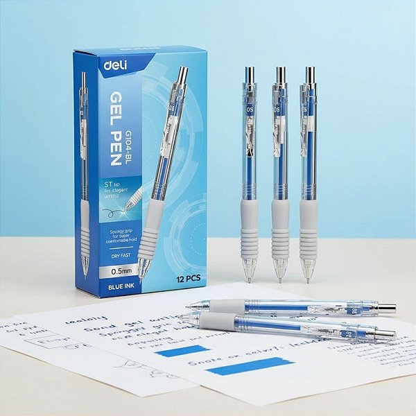 Caneta Gel Retrátil com Grip - Ponta ST 0,5mm Azul - Caixa - 12 unidades - Deli - Rizzo
