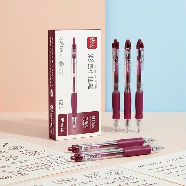 Caneta Gel Retrátil com Grip Colorido - Ponta Bullet 0.5mm Vinho - Caixa - 12 unidades - Deli - Rizzo