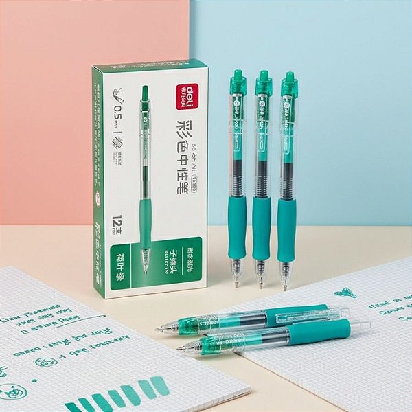 Caneta Gel Retrátil com Grip Colorido - Ponta Bullet 0.5mm Verde - Caixa - 12 unidades - Deli - Rizzo