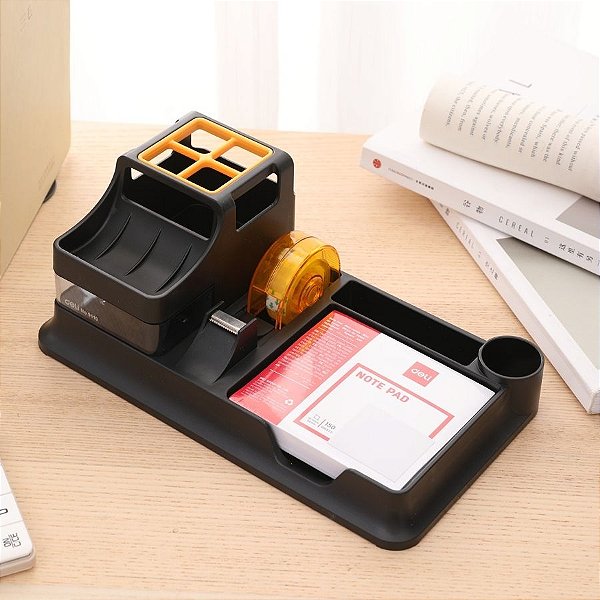 Organizador Plástico com 6 Compartimentos e Dispensador de Fita - Preto - 15x10,3x25,9cm - 1 unidade - Deli - Rizzo