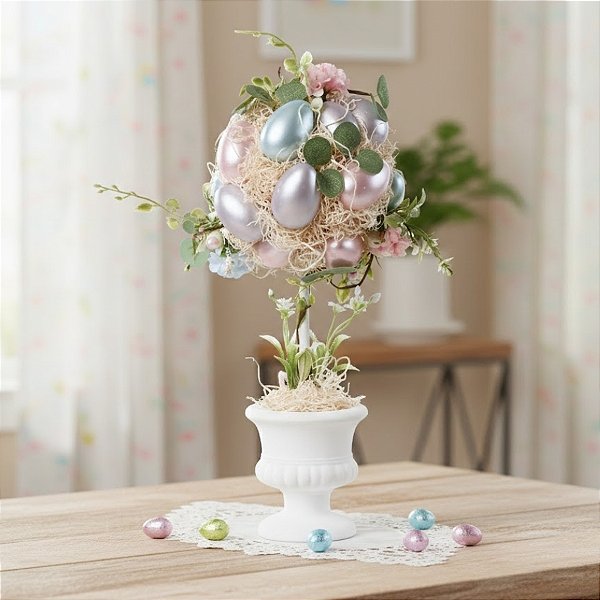 Topiaria de Ovos de Páscoa - Ovos Branco, Azul e Rosa - Esfera - 16x40x16cm - 1 unidade - Cromus - Rizzo