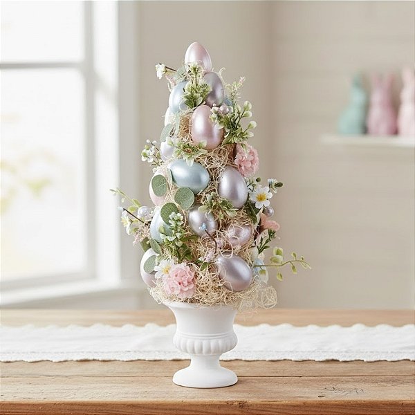Topiaria de Ovos de Páscoa - Ovos Branco, Azul e Rosa - Cone - 15x45x15cm - 1 unidade - Cromus - Rizzo