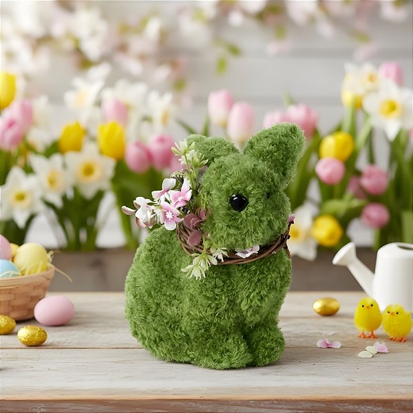 Enfeite Decorativo de Páscoa - Coelho Verde com Colar de Flores - 12x21x18cm - 1 unidade - Cromus - Rizzo