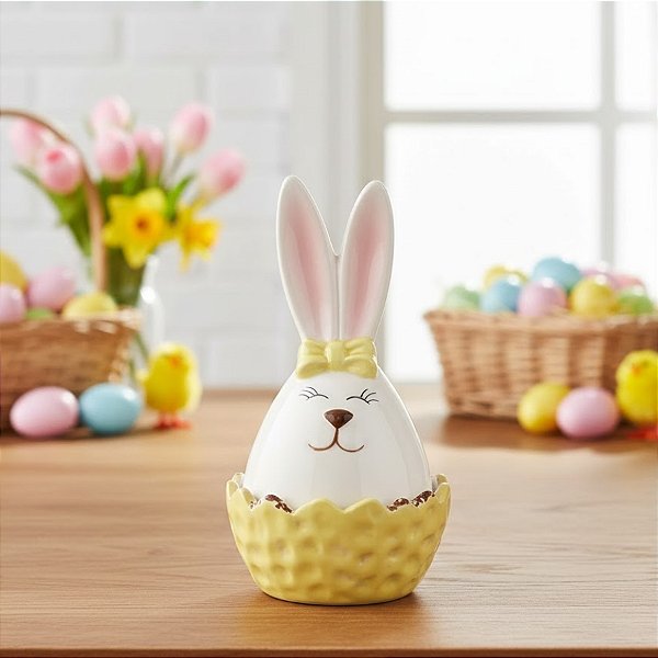 Potinho de Cerâmica de Páscoa com Tampa - Coelha Amarela e Branca - 13x8x8cm - 1 unidade - Cromus - Rizzo