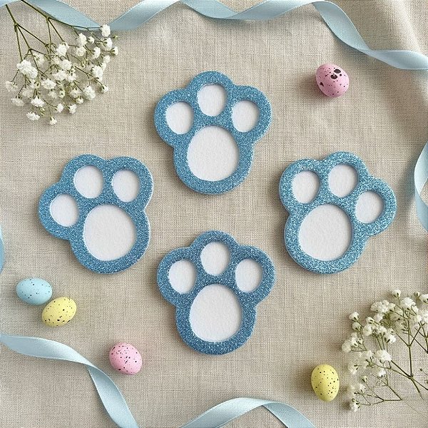 Aplique Decorativo de Páscoa - Patinhas de Coelho Azul com Glitter - 4,5cm - 5 unidades - Piffer - Rizzo