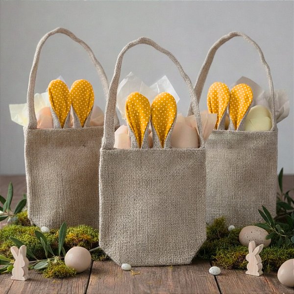 Sacola de Juta de Páscoa com Orelha Amarelo Poá Branco - 1 unidade - EcoArt - Rizzo