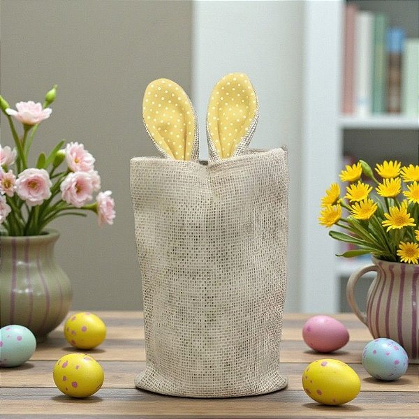 Saco de Juta de Páscoa com Orelha Amarela Clara Poá Branco - 1 unidade - EcoArt - Rizzo