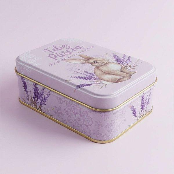 Lata de Metal Retangular de Páscoa - Coelho Flores - Lilás - 12,2x8,5x4,5cm - 1 unidade - Rizzo