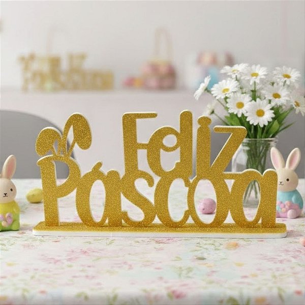 Enfeite Decorativo de Páscoa de EVA - Feliz Páscoa - Dourado com Glitter - 28,5x14x5cm - 1 unidade - Piffer - Rizzo