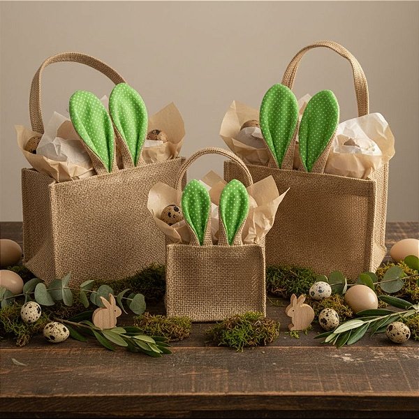 Cesta de Juta de Páscoa com Orelha Verde Claro Poá Branco - 1 unidade - EcoArt - Rizzo