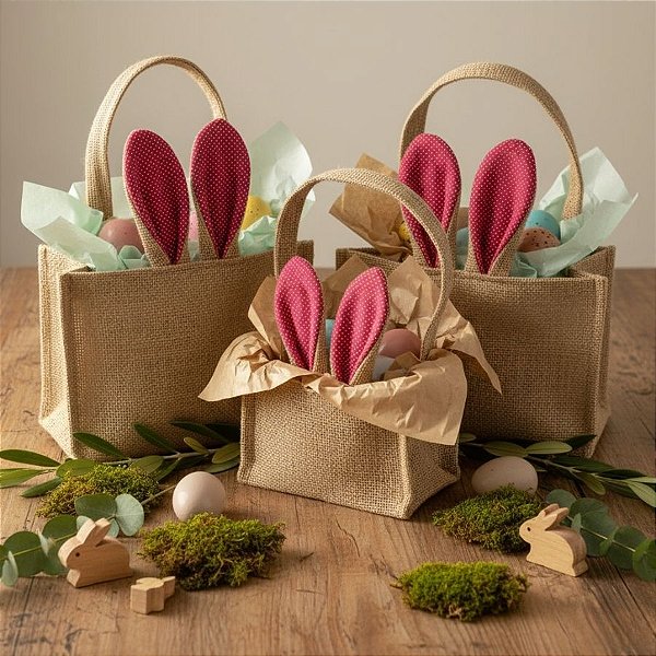 Cesta de Juta de Páscoa com Orelha Rosa Escuro Poá Branco - 1 unidade - EcoArt - Rizzo