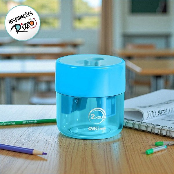 Apontador 2 Furos com Reservatório - Azul  - 5x4,5cm - 1 unidade - Deli - Rizzo