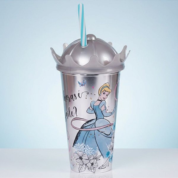 Copo com Canudo e Tampa Coroa - Cinderela - 500ml - Disney Original - 1 unidade - Plasútil - Rizzo
