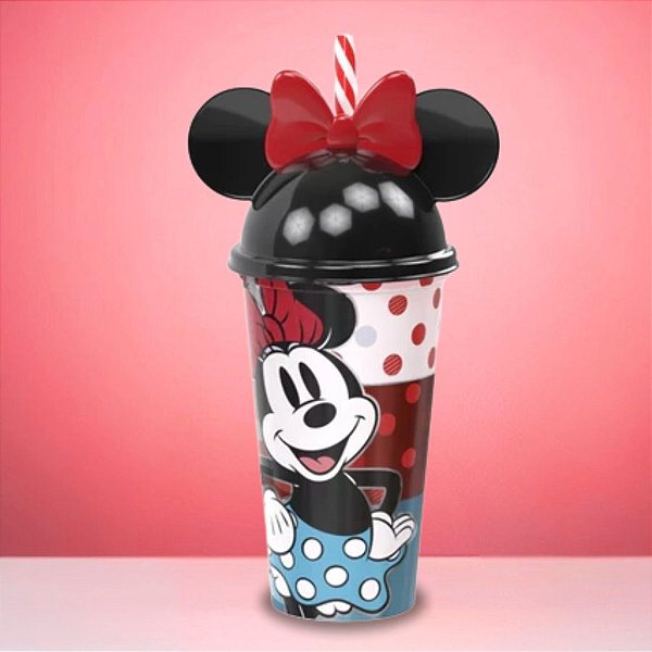 Copo de Plástico com Tampa e Canudo Orelha Minnie Mouse - 500ml - Disney Original - 1 unidade - Plasútil - Rizzo