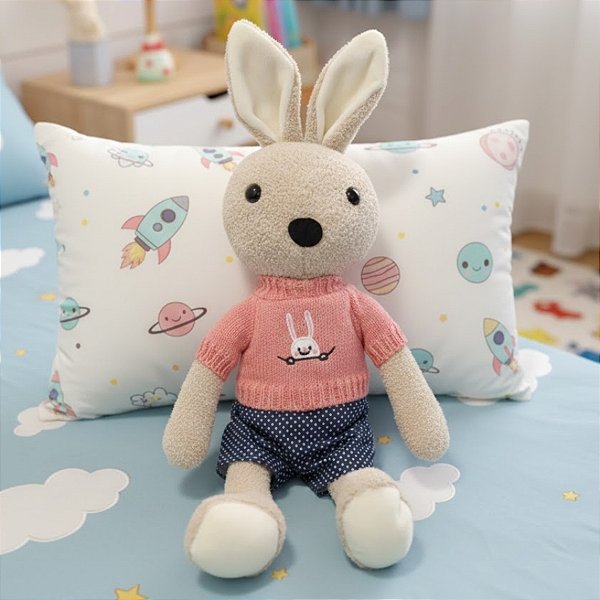 Coelho de Pelúcia - Suéter Rosa com Short Azul de Bolinhas - 12x43x10cm - 1 unidade - Rizzo - Rizzo