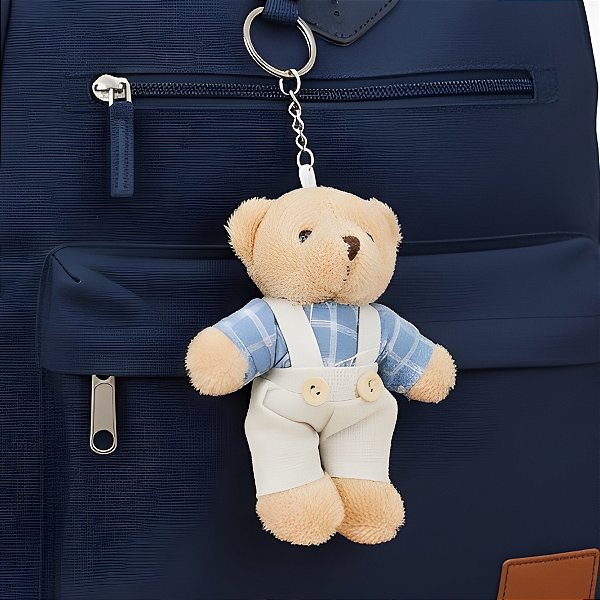 Chaveiro Urso de Pelúcia - Macacão e Camisa Xadrez - Azul - 8x11x4cm - 1 unidade - Rizzo