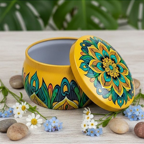 Lata De Metal Estampa De Mandala - Amarelo, Azul e Verde - 7x7x4cm - 130ml - 1 unidade - Rizzo