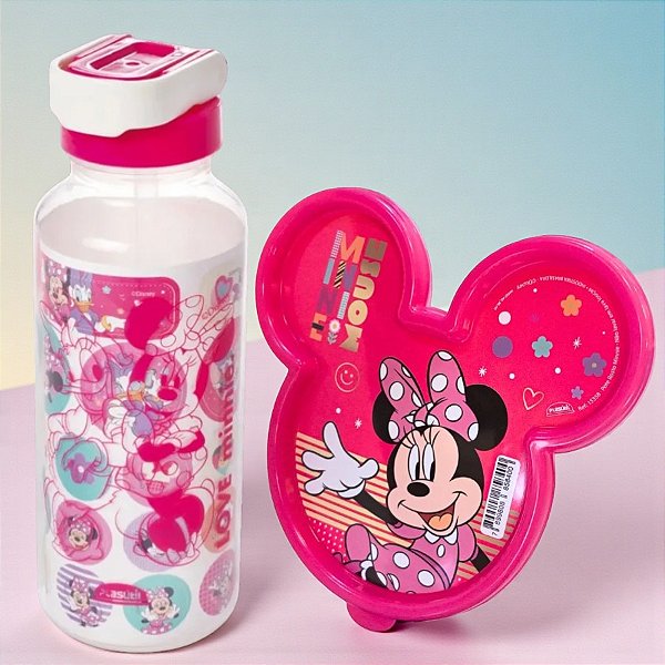 Conjunto Garrafa com Canudo e Pote Formato - Minnie Mouse Rosa - 1 unidade - Disney Original - Rizzo