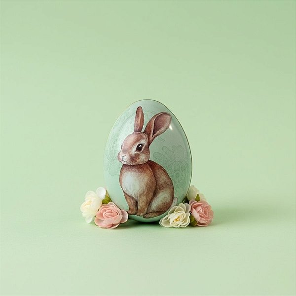 Ovo de Metal de Páscoa - Coelho Flores - Verde - 6,6x4,7x5,1cm - 1 unidade - Rizzo