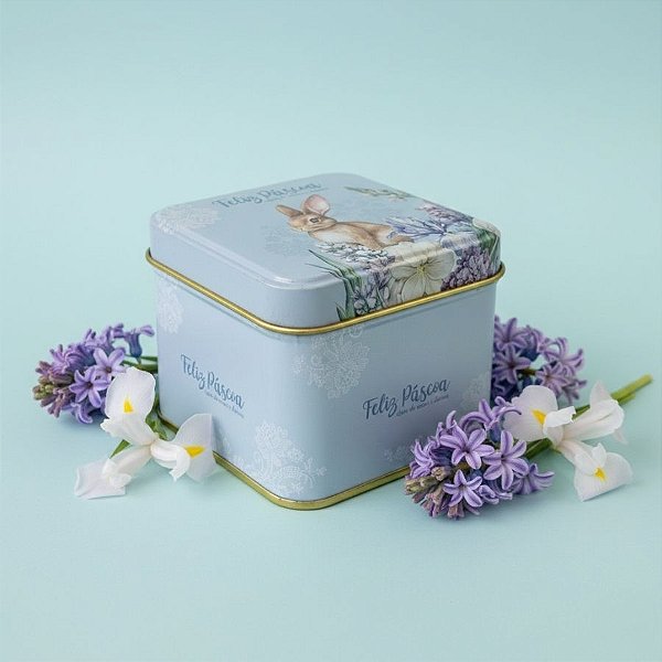 Lata de Metal Quadrada de Páscoa - Coelho Flores - Azul - 8x8x6,3cm - 1 unidade - Rizzo