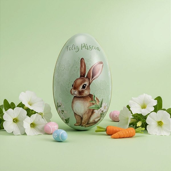 Ovo de Metal de Páscoa - Coelho Flores - Verde - 11,3x6,8x7cm - 1 unidade - Rizzo