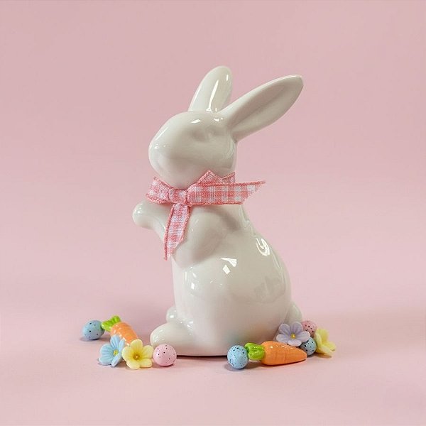 Enfeite Decorativo de Páscoa em Porcelana - Coelho de Pé com Laço - Rosa - 6x5x9,5cm - 1 unidade - Rizzo