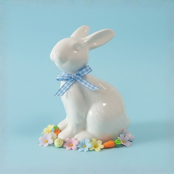Enfeite Decorativo de Páscoa em Porcelana - Coelho Sentado com Laço - Azul - 8x5x12cm - 1 unidade - Rizzo