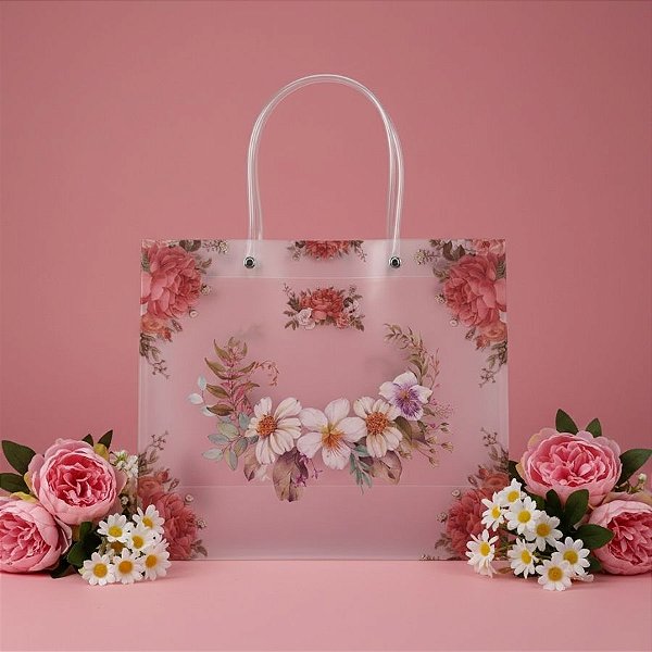 Sacola de Plástico Transparente Fosca - Floral - Branco e Rosa - 30x12x26cm - 1 unidade - Rizzo