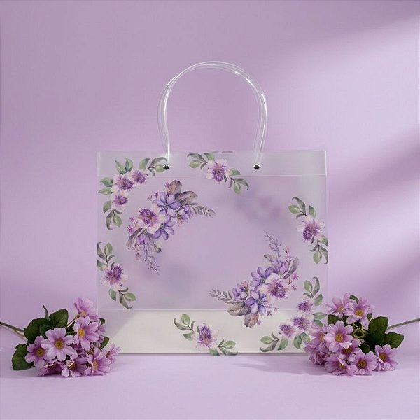 Sacola de Plástico Transparente Fosca - Floral - Roxo - 30x12x26cm - 1 unidade - Rizzo