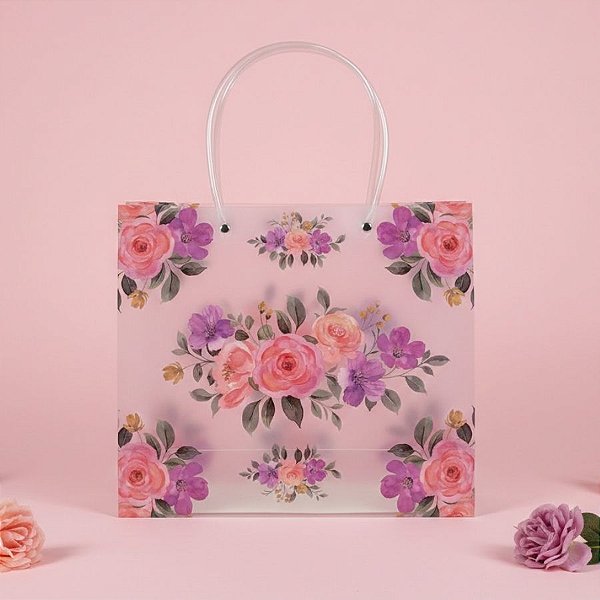 Sacola de Plástico Transparente Fosca - Floral - Rosa e Roxo - 30x12x26cm - 1 unidade - Rizzo