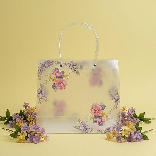 Sacola de Plástico Transparente Fosca - Floral - Roxo e Amarelo - 30x12x26cm - 1 unidade - Rizzo