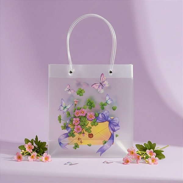 Sacola de Plástico Transparente Fosca - Floral - Carta com Flores - 22x10x24cm - 1 unidade - Rizzo