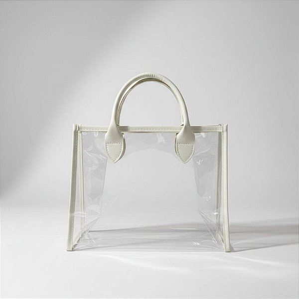 Sacola Transparente PVC com Alça de Couro Branco - 28x14x23cm - 1 unidade - Rizzo