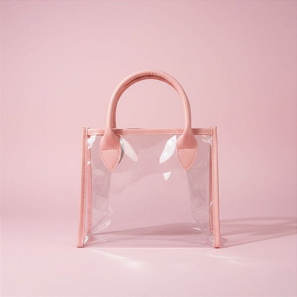 Sacola Transparente PVC com Alça de Couro Rosa - 22x11x19cm - 1 unidade - Rizzo