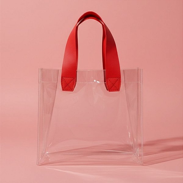 Sacola Transparente PVC com Alça de Couro Vermelho - 25x14x23cm - 1 unidade - Rizzo