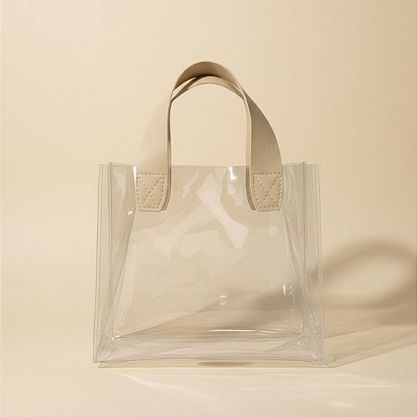 Sacola Transparente PVC com Alça de Couro Bege - 25x14x23cm - 1 unidade - Rizzo