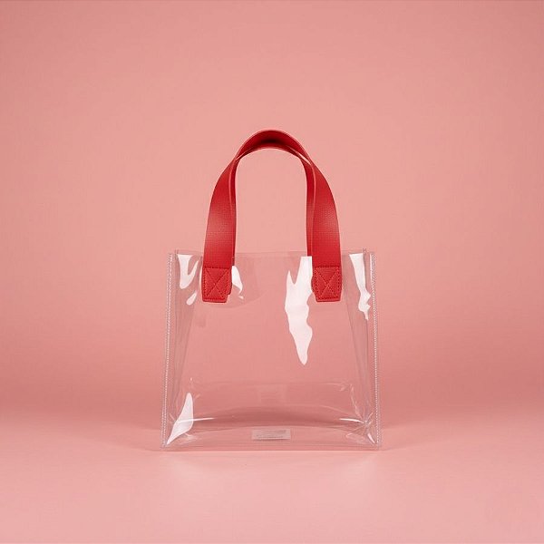 Sacola Transparente PVC com Alça de Couro Vermelho - 20x10x18cm - 1 unidade - Rizzo