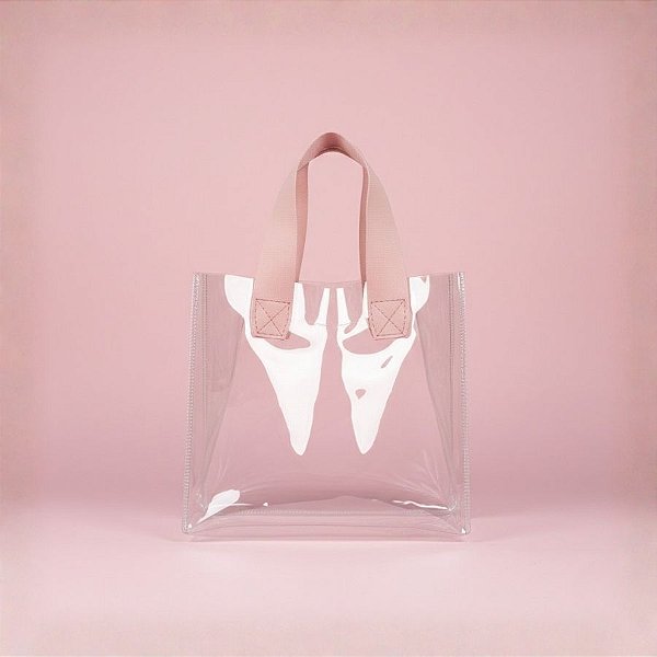 Sacola Transparente PVC com Alça de Couro Rosa - 20x10x18cm - 1 unidade - Rizzo