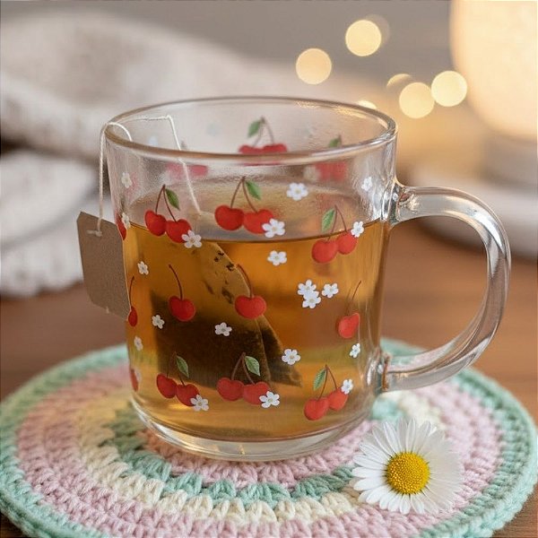 Caneca de Vidro - Cerejas com Florzinhas - 200ml - 1 unidade - Rizzo