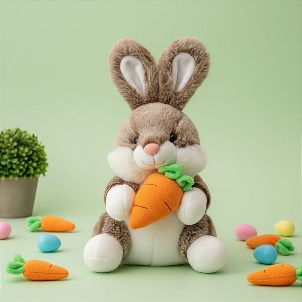 Coelho de Pelúcia Marrom - Segurando Cenoura - 30cm - 1 unidade - Rizzo
