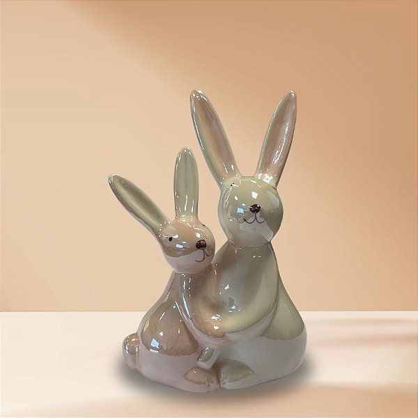 Enfeite Decorativo de Páscoa em Porcelana - Casal de Coelhos - Branco e Rosa - 13cm - 1 unidade - Rizzo