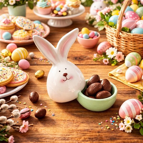 Potinho de Porcelana da Páscoa com Tampa  - Coelho Verde - 14cm - 1 unidade - Rizzo