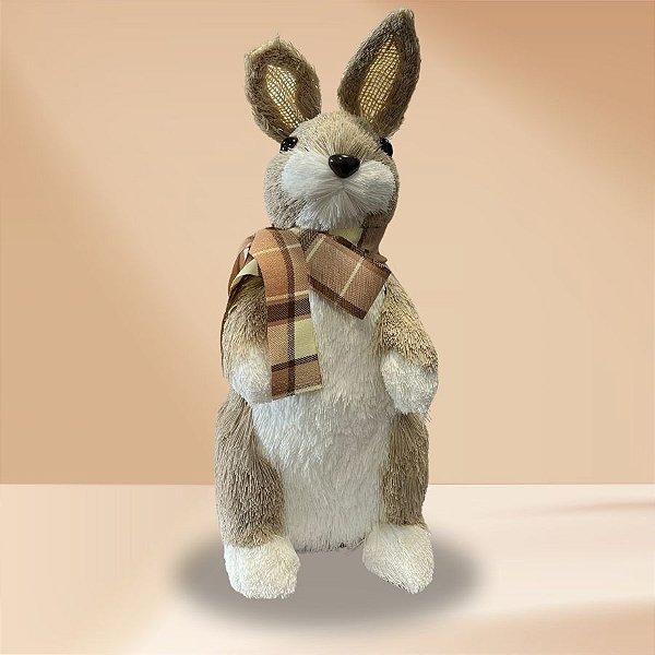 Enfeite Decorativo de Páscoa - Coelho Rústico - Laço Xadrez Marrom - 29cm - 1 unidade - Rizzo
