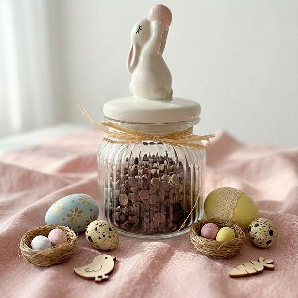 Pote de Vidro e Cerâmica Hermético de Páscoa - Coelho Branco e Rosa - 20cm - 1 unidade - Cromus - Rizzo