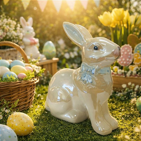 Enfeite Decorativo Páscoa em Porcelana - Coelho Holográfico Azul - 15,5cm - 1 unidade - Rizzo