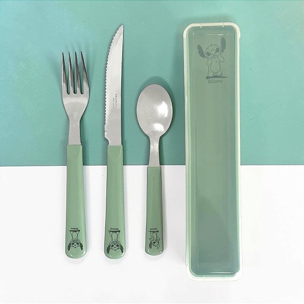 Kit Estojo, Colher, Garfo e Faca - Stitch Verde - 1 unidade - Disney Original - Rizzo