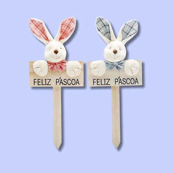 Plaquinha em Madeira Coelho Xadrez - 23x9,5cm - Cromus Páscoa - Rizzo Embalagens