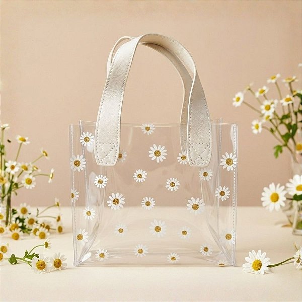Sacola Transparente PVC com Alça de Couro Branco - Margarida - 18x20x10cm - 1 unidade - Rizzo